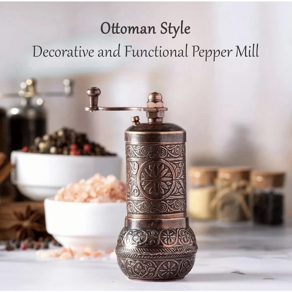 Crystalia Copper Pepper & Spice Hand Carved Ornate Grinder W Scoop Gift